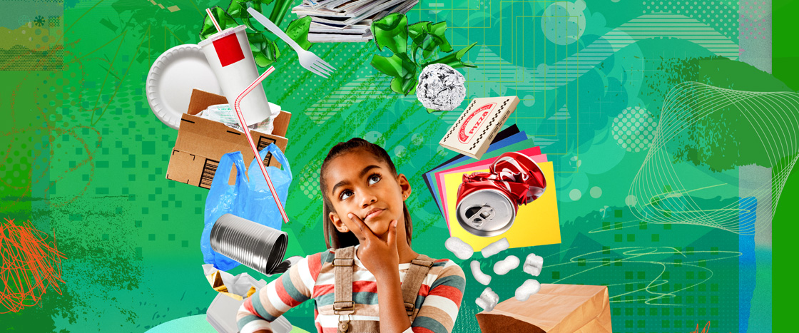 Image of a student thinking about different recyclable items