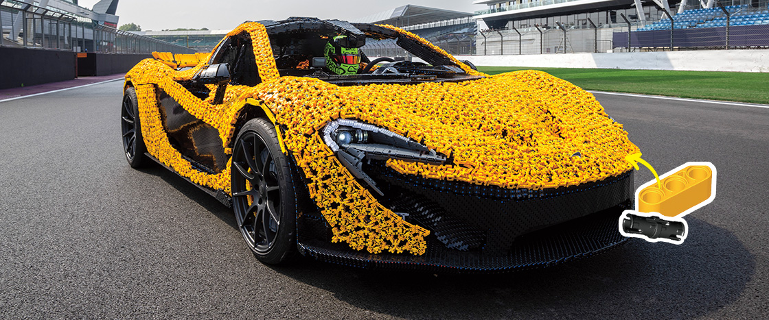 Image of a car decorated with yellow legos