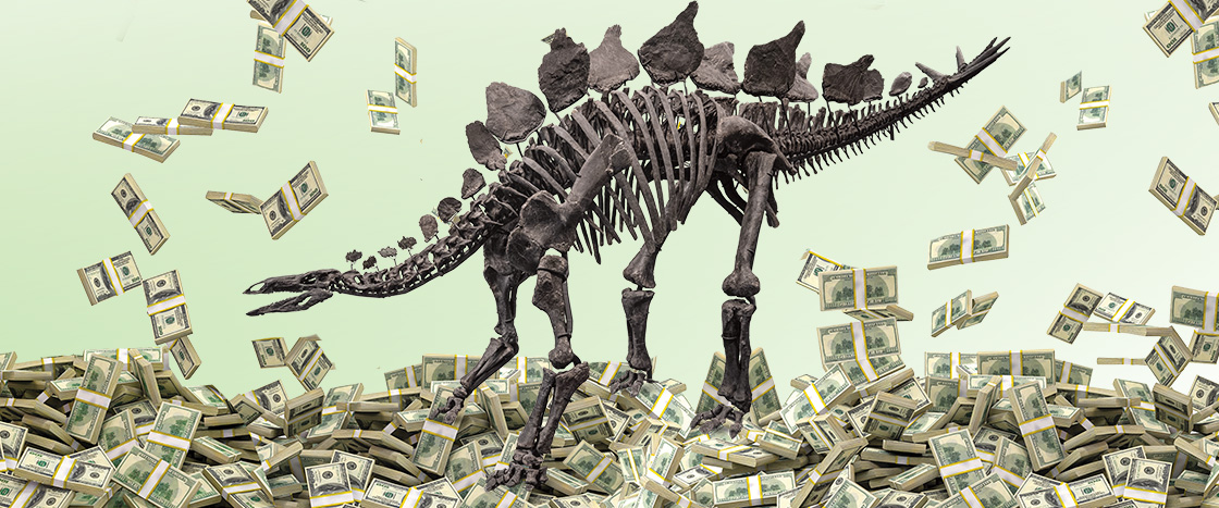 Image of stegosaurus fossil surrounded by piles of cash money